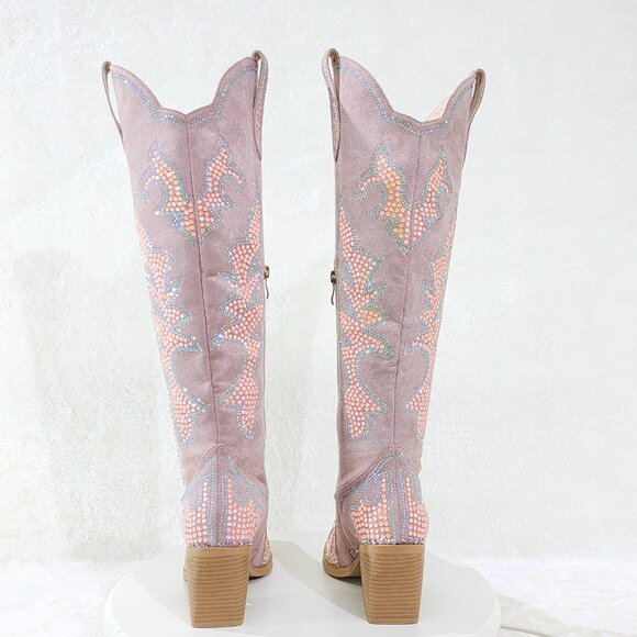 Sparks Country Western Cowgirl Knee Boots Dazzleing Iridescent Rhinestones Pink